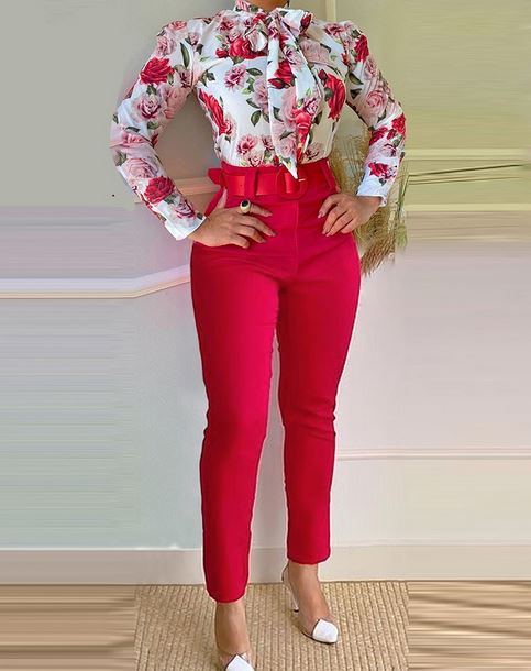 EF0149 2022 Red Floral Print Puff Sleeve Top & Plain Pants SetSet3